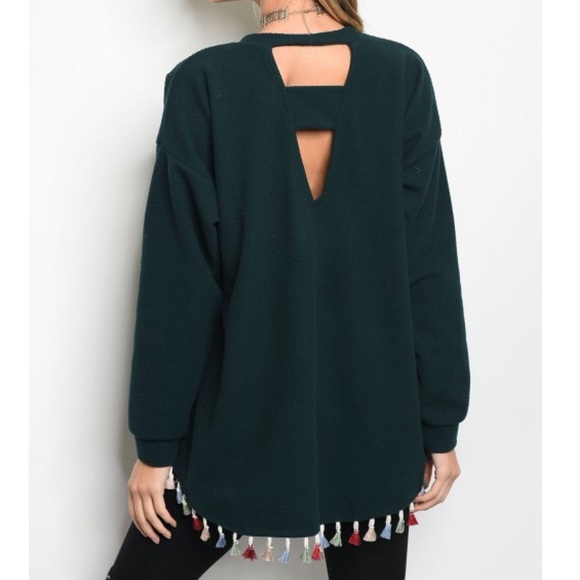 The Luxe Bohemian Tops - LAST ONE Green Tassel Trim Sweatshirt Sweater Top